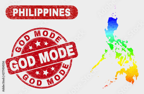 Spectral dotted Philippines map and stamps. Red round God Mode distress stamp. Gradiented spectral Philippines map mosaic of scattered spheric dots. God Mode seal stamp with distress surface. photo