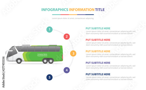 big bus infographic template concept with five points list and various color with clean modern white background - vector