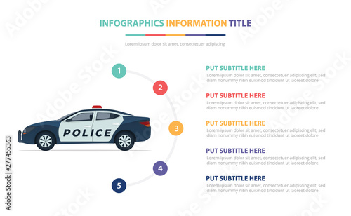 police car infographic template concept with five points list and various color with clean modern white background - vector