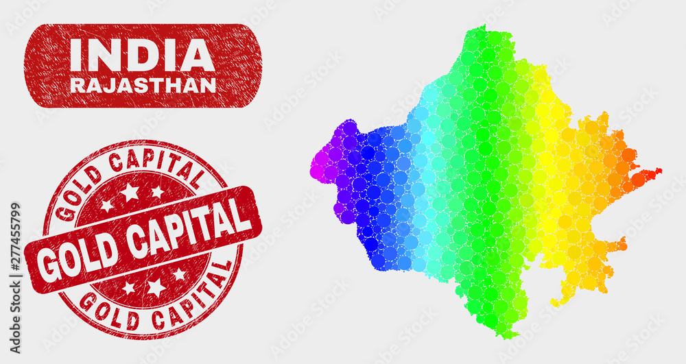 Spectral dot Rajasthan State map and rubber prints. Red rounded Gold Capital grunge seal stamp. Gradiented spectral Rajasthan State map mosaic of scattered circle elements.