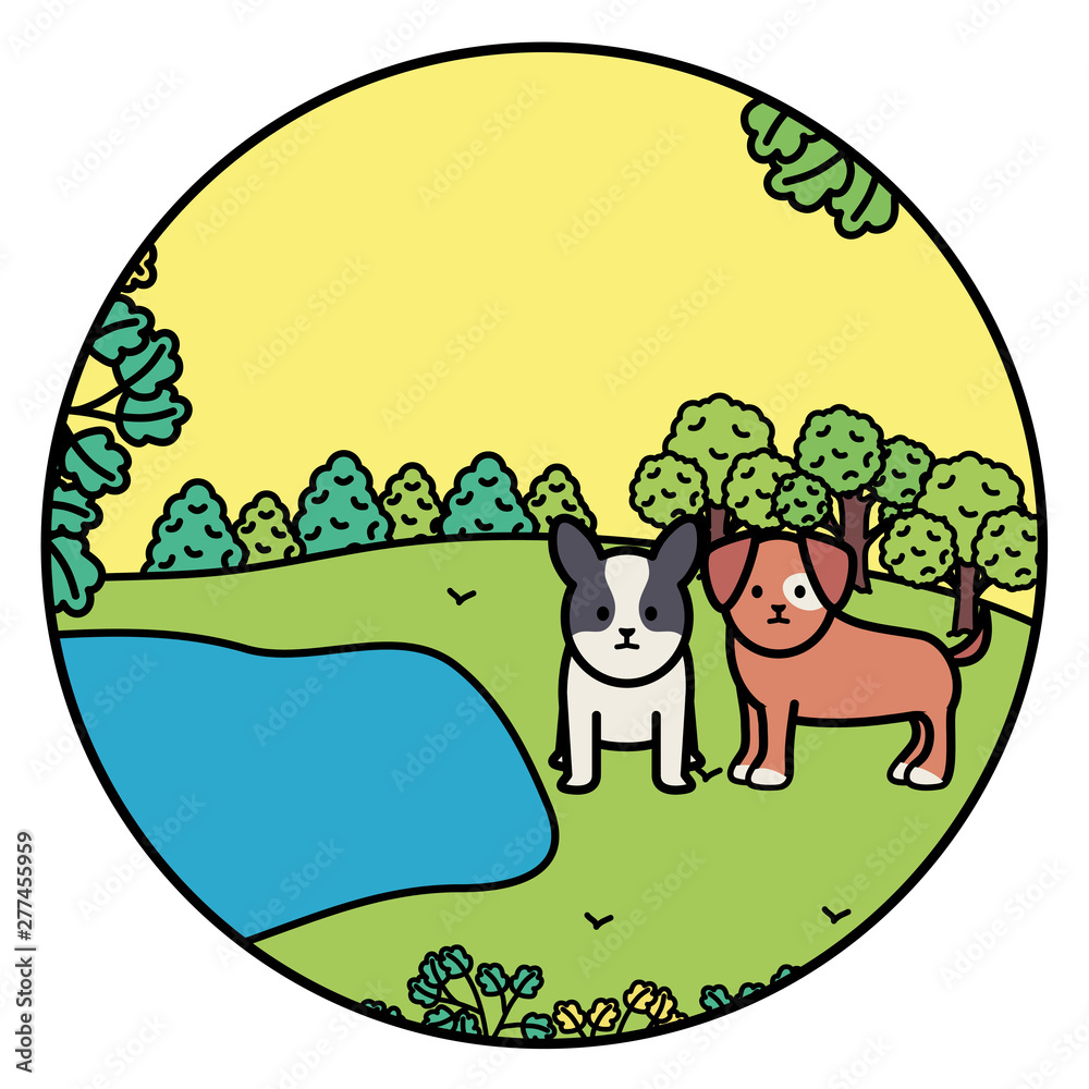 Naklejka premium little dogs adorables mascots in the landscape