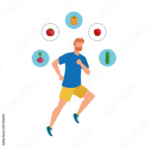 young athletic man running with healthy food
