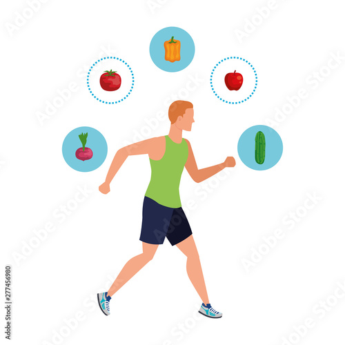 young athletic man running with healthy food