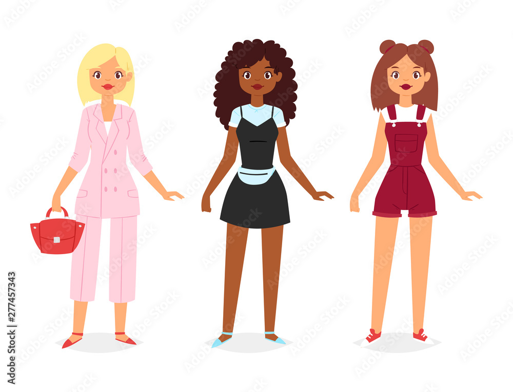 Woman fashion looks Clothes vector beautiful girl and dress up or clothing with fashion pants dresses or shoes illustration girlie set of female cloth hat or coat isolated on white background Woman fashion looks Clothes vector beautiful girl and dress up or clothing with fashion pants dresses or shoes illustration girlie set of female cloth hat or coat isolated on white background