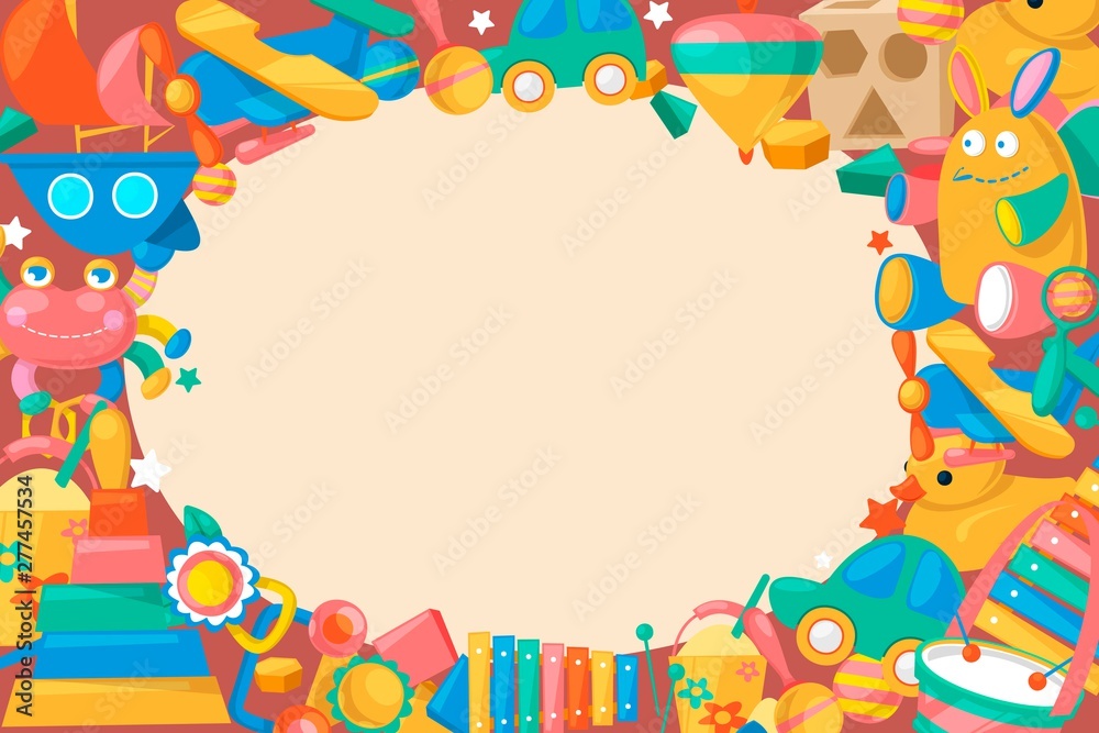 Toy collection for babies big background banner vector illustration. Cute objects for small children to play with, wooden and plastic toys, animals such as duck, rabbit. Fun and activity. Toy collection for babies big background banner vector illustration. Cute objects for small children to play with, wooden and plastic toys, animals such as duck, rabbit. Fun and activity.