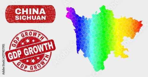 Spectral dotted Sichuan Province map and seal stamps. Red round GDP Growth grunge seal stamp. Gradiented spectral Sichuan Province map mosaic of scattered circle elements.