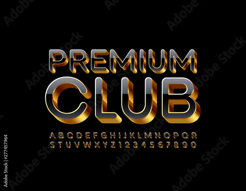 Vector elite emblem Premium Club. Uppercase Black and Golden Font. 3D luxury Alphabet Letters and Numbers