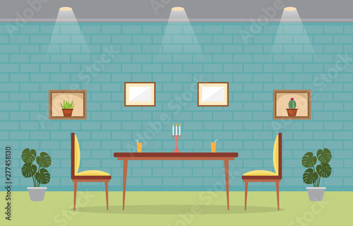 Modern Empty Cafe Restaurant Interior Furniture Flat Vector Illustration