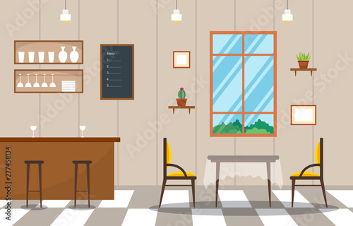 Modern Empty Cafe Restaurant Interior Furniture Flat Vector Illustration