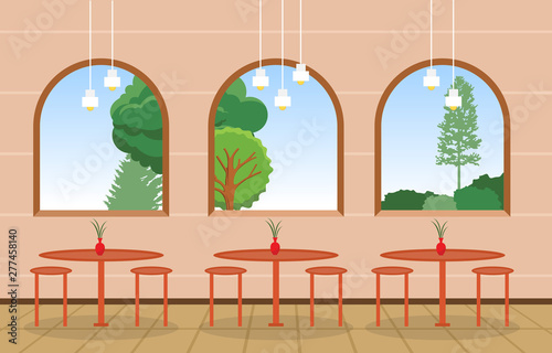 Modern Empty Cafe Restaurant Interior Furniture Flat Vector Illustration