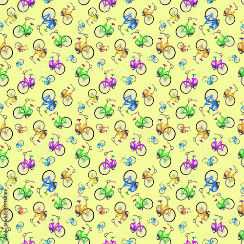Beautiful and bright pattern of a large number of colorful bikes. Art collage.
