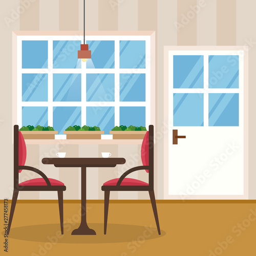 Modern Empty Cafe Restaurant Interior Furniture Flat Vector Illustration