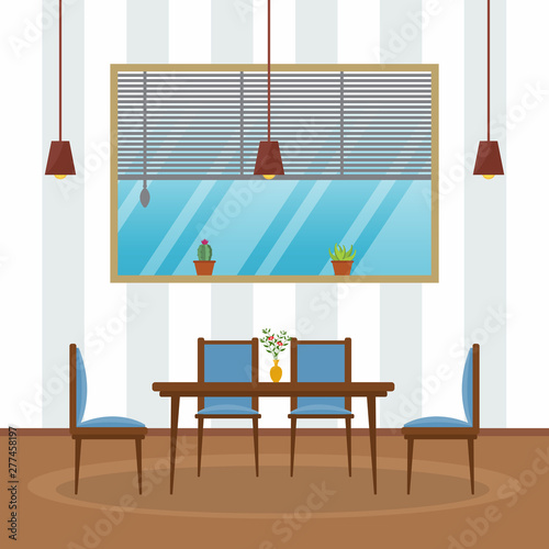 Modern Empty Cafe Restaurant Interior Furniture Flat Vector Illustration