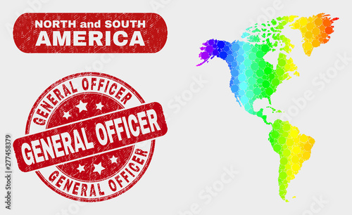 Spectrum dotted South and North America map and seal stamps. Red round General Officer textured seal stamp. Gradient spectrum South and North America map mosaic of random circle elements.