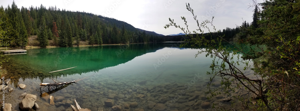 Green Lake with Dock and Forest Valley of Five Lakes Jasper, Alberta