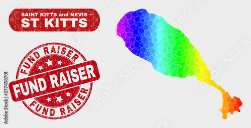 Rainbow colored dot St Kitts Island map and stamps. Red round Fund Raiser textured seal stamp. Gradiented rainbow colored St Kitts Island map mosaic of random spheric dots.