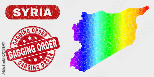 Spectral dotted Syria map and stamps. Red round Gagging Order scratched seal stamp. Gradiented spectrum Syria map mosaic of randomized small spheres. Gagging Order seal stamp with scratched texture.