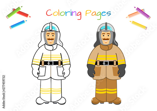 Character for training: firefighter, fireman. Man in firefighter uniform Educational game for children. Copy the picture. Coloring book. Cartoon vector illustration