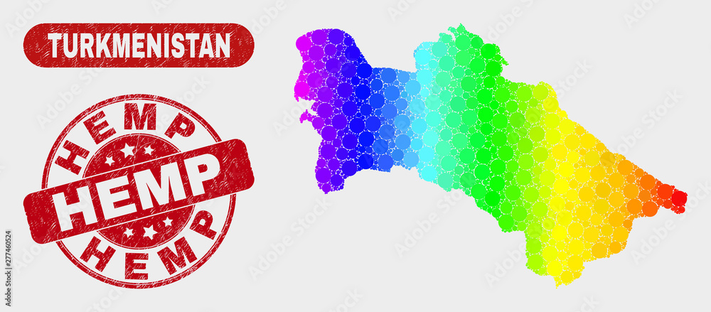 Spectral dot Turkmenistan map and rubber prints. Red round Hemp textured seal stamp. Gradient spectral Turkmenistan map mosaic of random small spheres. Hemp stamp with grunged texture.
