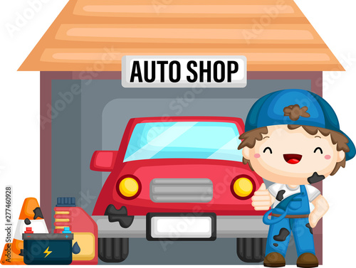 a vector of a car in the auto shop with a mechanic