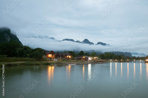 The house is in the midst of nature. Many people dream. Mountain,Fog,river. photo