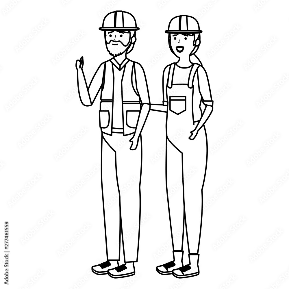 young couple mechanics workers characters young couple mechanics workers characters