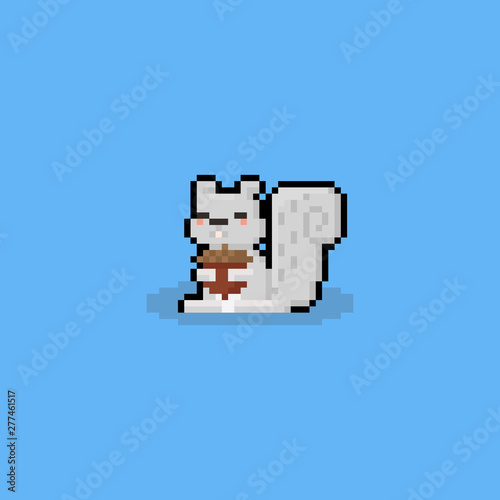 Pixel art cartoon grey squirrel holding the oak nut.8bit.