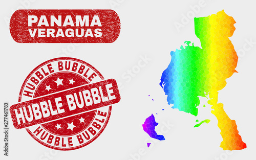 Spectrum dotted Veraguas Province map and seal stamps. Red rounded Hubble Bubble scratched seal stamp. Gradiented spectrum Veraguas Province map mosaic of random circle elements.