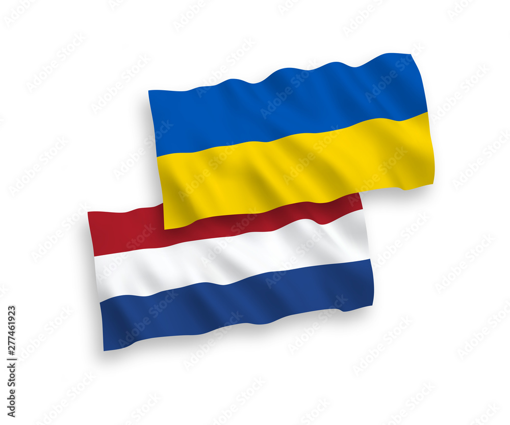 Fototapeta premium National vector fabric wave flags of Netherlands and Ukraine isolated on white background. 1 to 2 proportion.