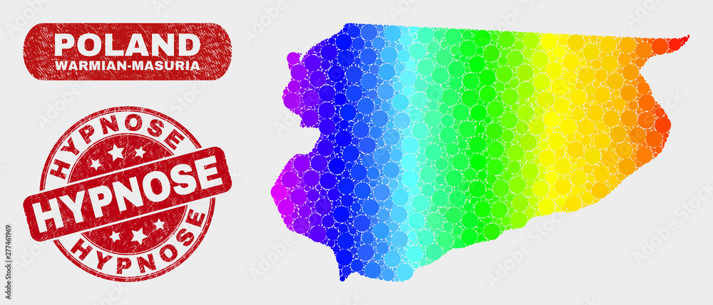 Rainbow colored dotted Warmian-Masurian Voivodeship map and rubber prints. Red round Hypnose grunge seal stamp.