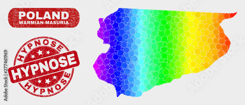Rainbow colored dotted Warmian-Masurian Voivodeship map and rubber prints. Red round Hypnose grunge seal stamp. photo