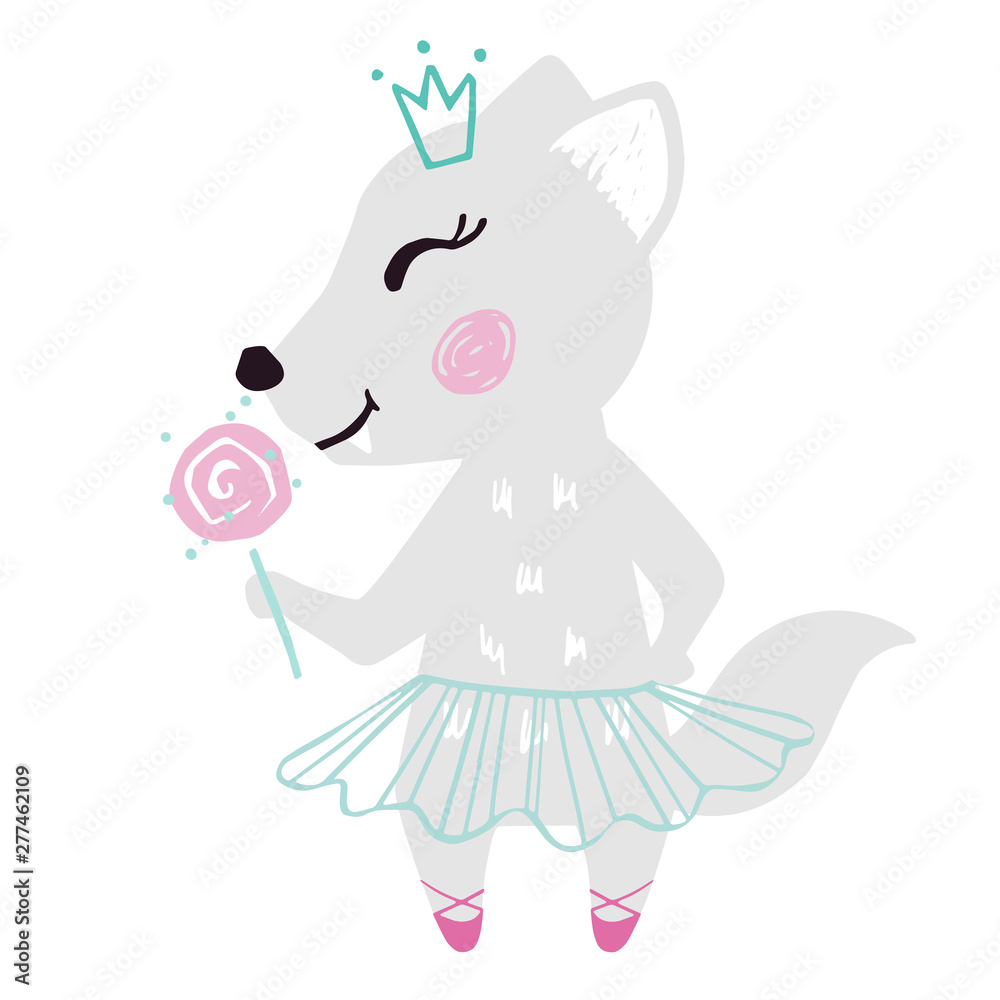 Wolf baby girl cute summer print. Sweet she-wolf Sweet bear with sweet lollipop, ballet tutu. Wolf baby girl cute summer print. Sweet she-wolf Sweet bear with sweet lollipop, ballet tutu.