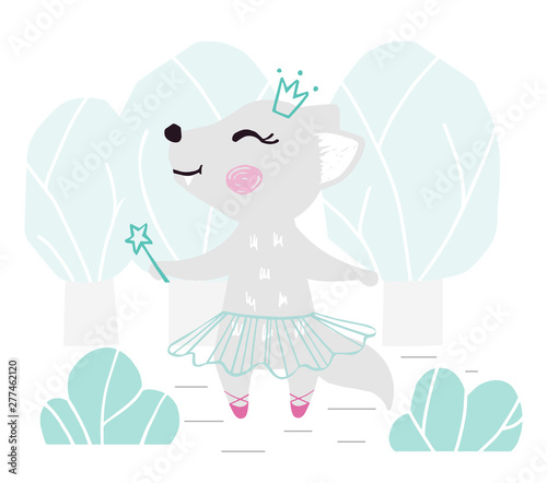 Wolf baby girl cute print. Sweet she-wolf with magic wand, crown, ballet tutu, pointe shoes in forest
