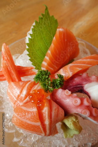 Close up slice of salmon sashimi, Japanese food