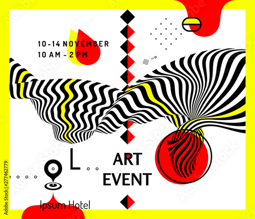 Art event invitation template with date and time details. Background with optical illusion. 3d vector illustration for promotions or presentations.