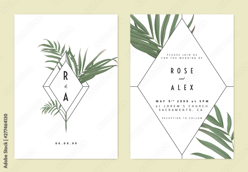 Minimalist botanical wedding invitation card template design, green bamboo palm leaves and diamond frame on white