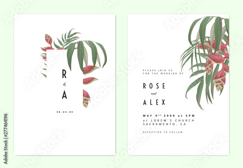 Minimalist botanical wedding invitation card template design, green bamboo palm leaves and Heliconia rostrata flowers on white