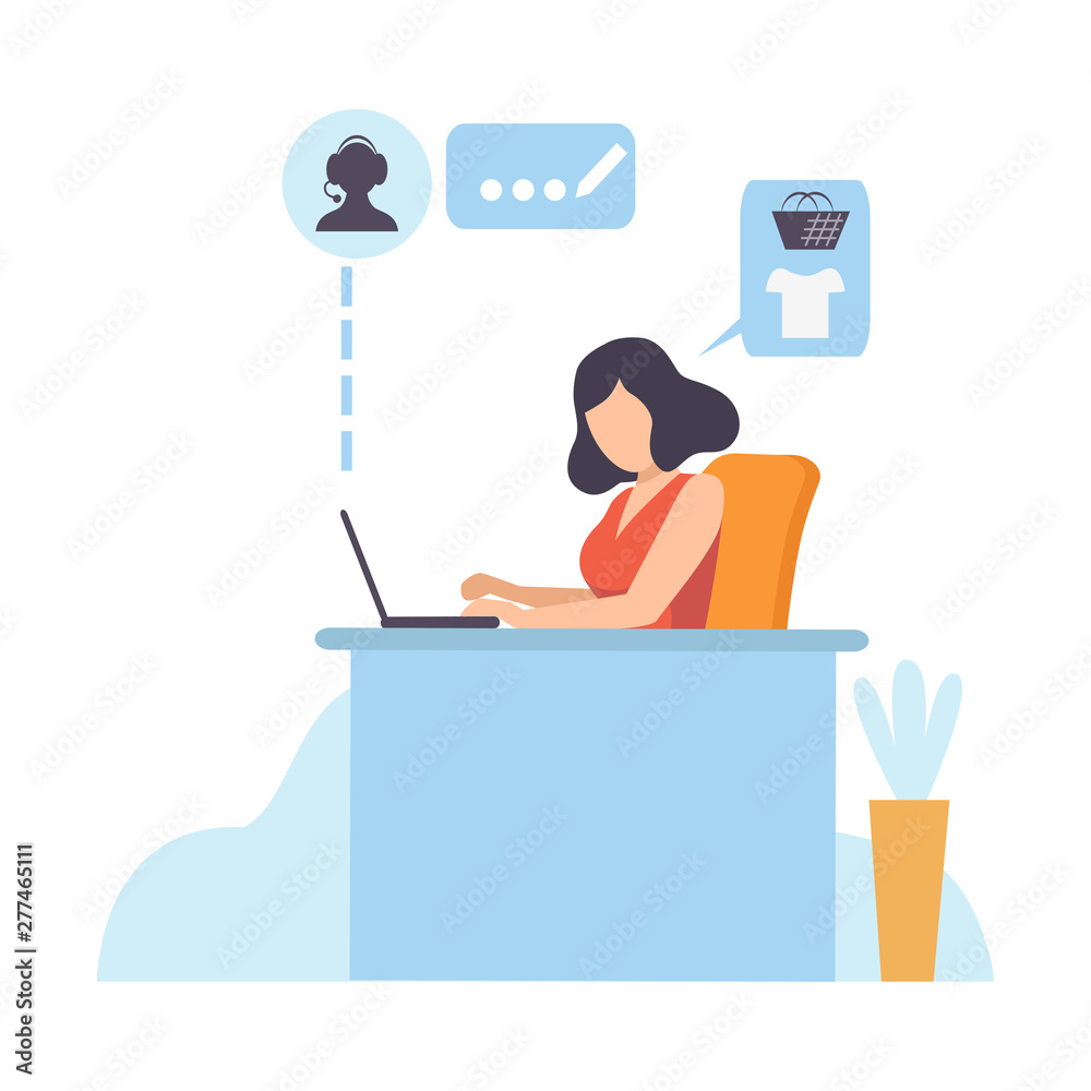 Young Woman Working with Laptop, Online Shopping, Girl Using Computer for Purchasing at Mobile Store Vector Illustration