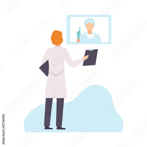 Two Male Doctors in Uniform Communicating and Discussing Health Care Onliine, Healthcare Diagnostic, Medical Treatment, People Communicating Via Internet Vector Illustration