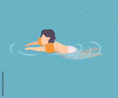 Cute Boy Swimming in Water Wearing Inflatable Armbands, Kid Performing Summer Outdoor Water Activities at Summertime Vector Illustration
