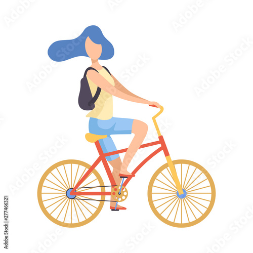 Young Woman with Backpack Riding Bicycle, Cycling Girl Exercising, Relaxing or Going to Work Vector Illustration