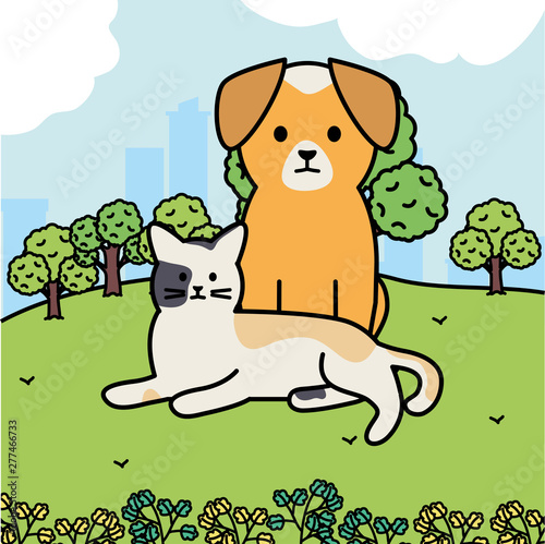 cute cat and dog mascots in the landscape