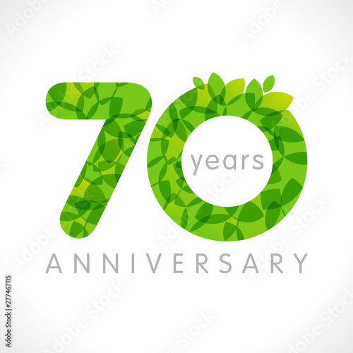 70 th anniversary numbers. 70 years old logotype. Age congrats, congratulation idea with leaves. Isolated abstract graphic design template. Herbal digits, up to 70% percent off discount. Eco label.