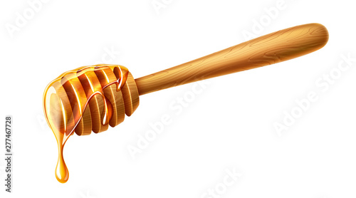 Vector realistic honey dripping from wood dipper