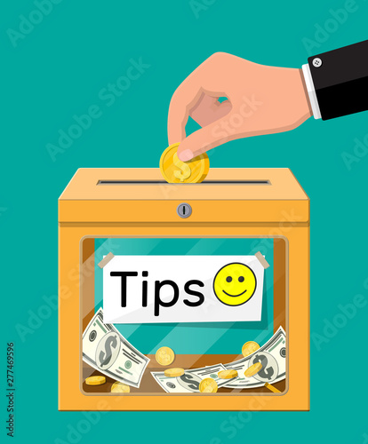 Blue tip box full of cash. Thanks for the service. Money for servicing. Good feedback or donation. Gratuity concept. Vector illustration in flat style