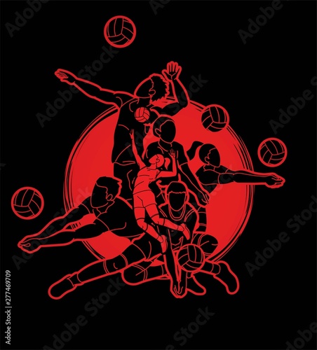Group of Volleyball players action cartoon graphic vector.