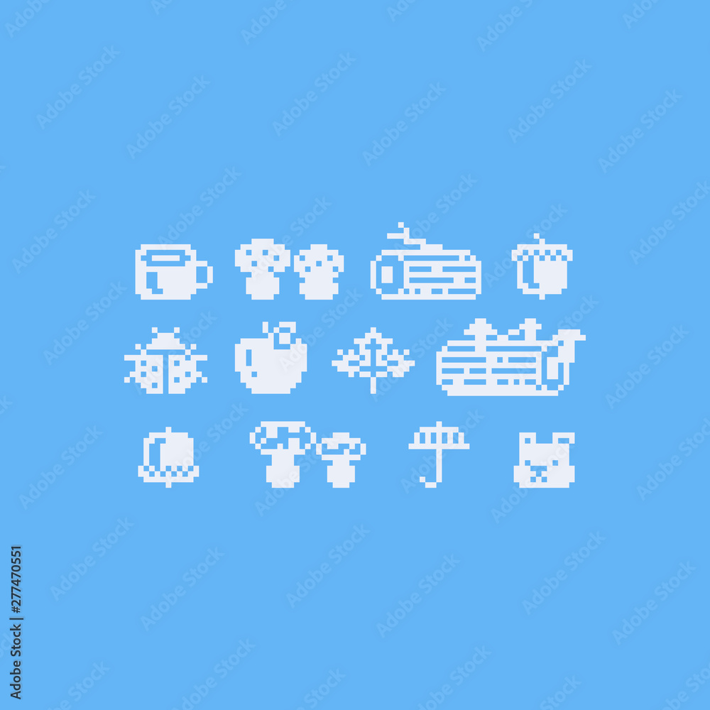 Pixel art autumn icon set.8bit.