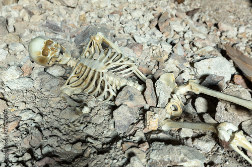 Skeleton in a dark cave in the ground lying on rocks