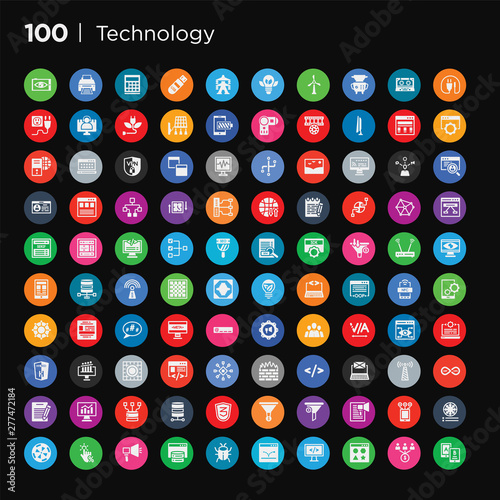 100 round colorful technology vector icons set such as color value, colory theory, content curation, content marketing, conversion, conversion rate optimization, css3, data architecture