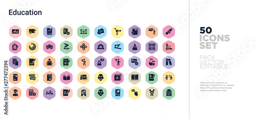 50 education vector icons set in a colorful hexagon buttons